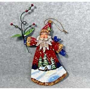 Santa Claus Hand Painted Tin Ornament 8" Holiday‎ Cabin Farmhouse Country Metal